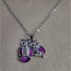 Silver tone purple and blue mother child owl pendant necklace with crystals